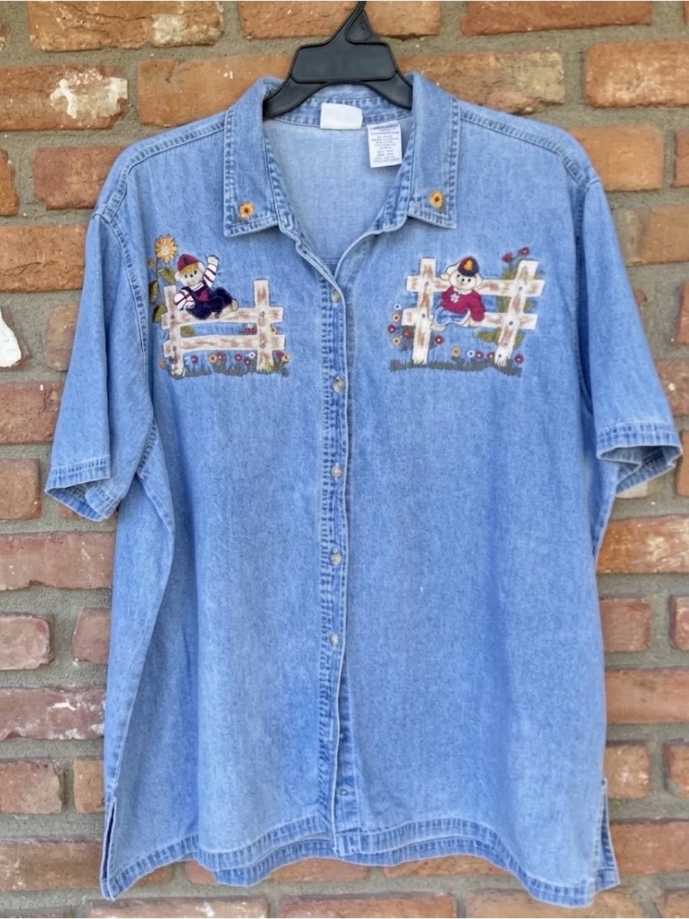 Vintage Faded Denim Embroidered Fall Teddy Bear Button Up Shirt Casual Grunge